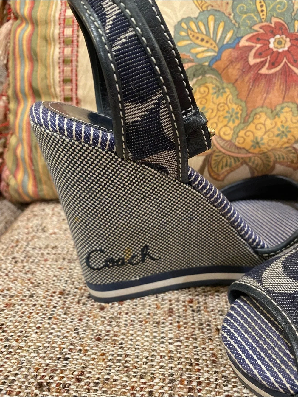 Coach Navy Denim Signature Wedge Sandals with Ankle Strap